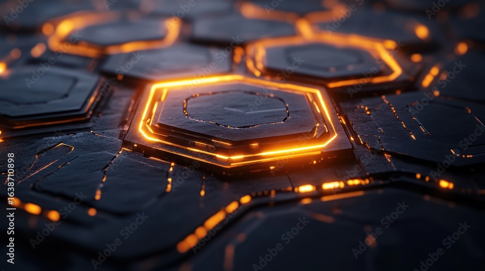 Poster abstract glowing hexagon pattern, futuristic technology background, potential use as stock image