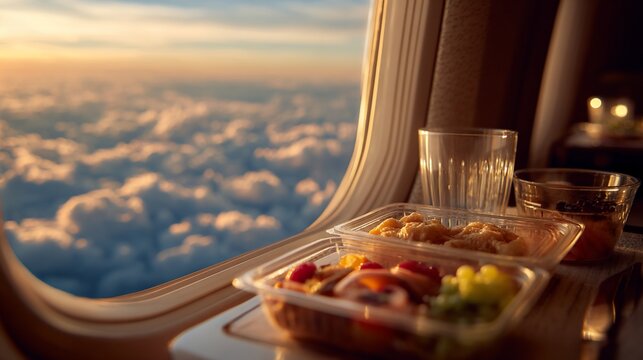 A sunset flight with meal tray by window, fluffy clouds, and glass of water