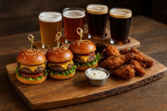 Gourmet street food platter with artisanal burgers and craft beer creating upscale casual dining atmosphere for food festival marketing content - Powered by Adobe
