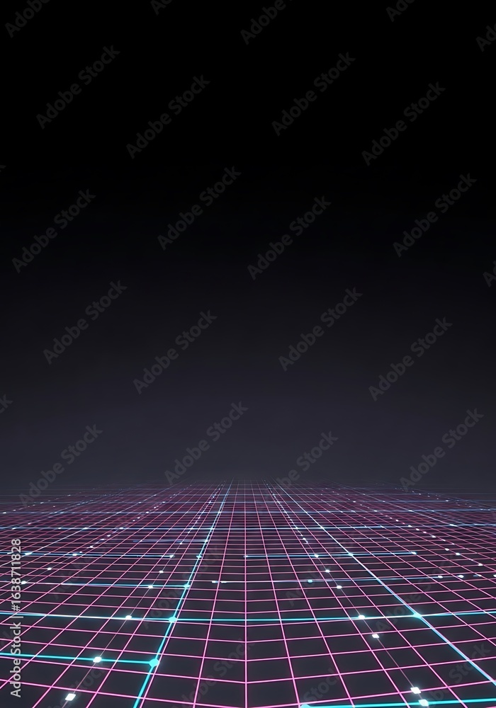 Poster dimensional grid pattern, a portal into a distant world or virtual simulation with neon light