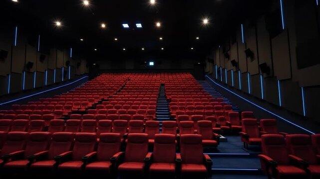 Empty theater interior with red seats rows and dim lighting