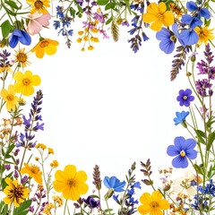 Obraz premium 黄色、青、紫の花が彩るカラフルな野花の四角いフレーム