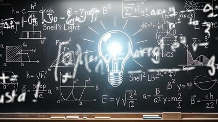 Bright Idea Illuminated: A glowing light bulb superimposed on a blackboard brimming with complex mathematical equations, symbolizing the spark of innovation and the power of intellect. - Powered by Adobe