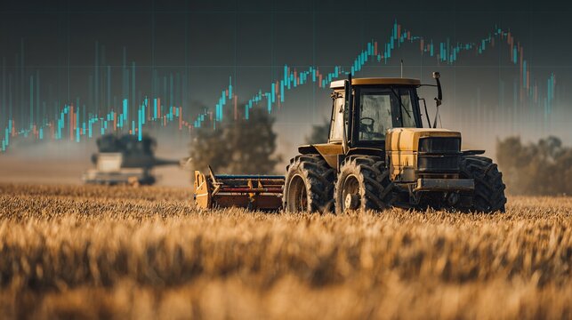 A tractor and combine harvest a field with overlaid stock chart, hinting at economic connection