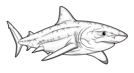 Obraz premium Detailed black and white line art illustration of a fierce swimming shark.