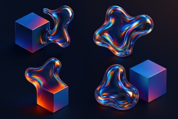 Liquid glass morphing geometric cubes with rainbow holographic reflections for premium digital art and modern brand identity design