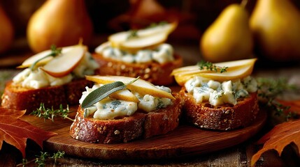 Four toasted baguette slices topped with creamy blue cheese, sliced pears, and fresh herbs, arranged on a rustic wooden board, surrounded by pears and autumn leaves