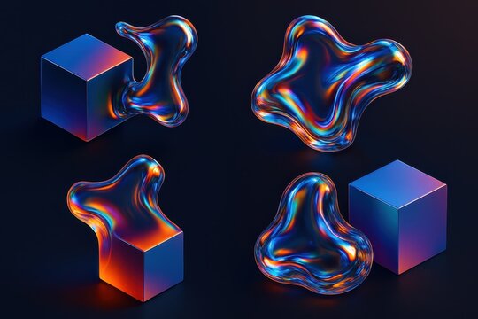 Liquid glass morphing geometric cubes with rainbow holographic reflections for premium digital art and modern brand identity design - Powered by Adobe