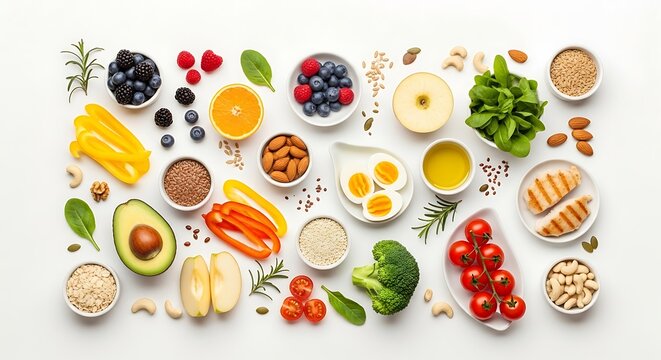 Vibrant flat lay displaying a medley of nutritious whole foods for optimal well being