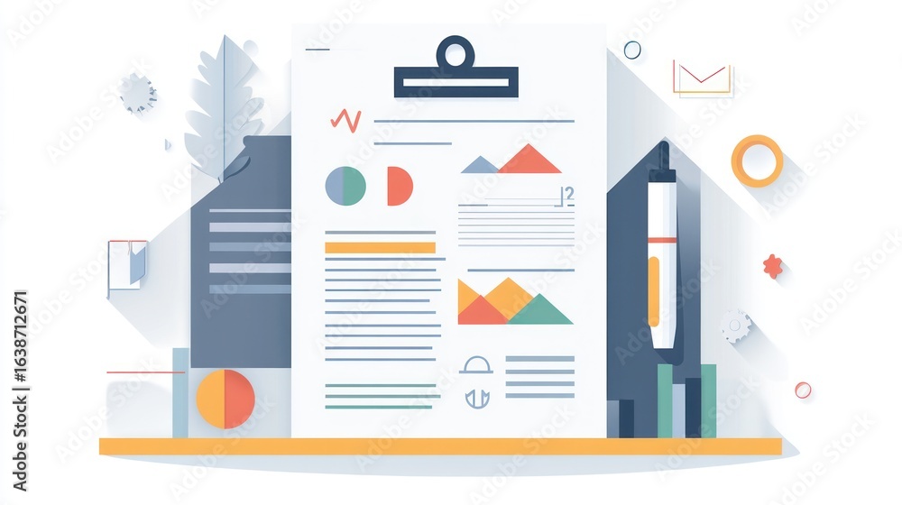 Poster clipboard with business data; colorful charts & graphs on a shelf