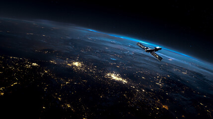 A satellite in space, seen from the Earth's surface with city lights on it. The Earth is visible as an entire planet. A small spacecraft flies near to it