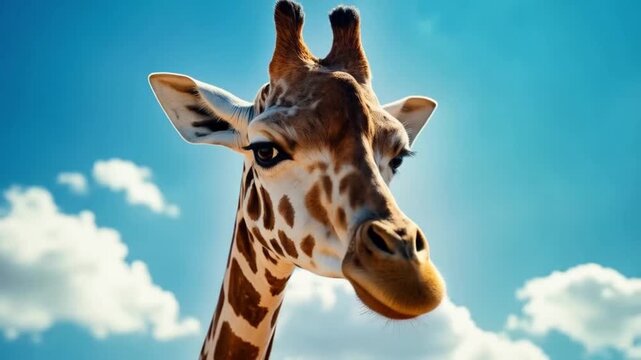 A close up shot of a giraffe against a blue sky filled with white fluffy clouds overhead view animal video