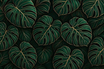 Luxury emerald monstera leaf pattern with rose gold accents creating premium botanical wallpaper design for upscale interior spaces