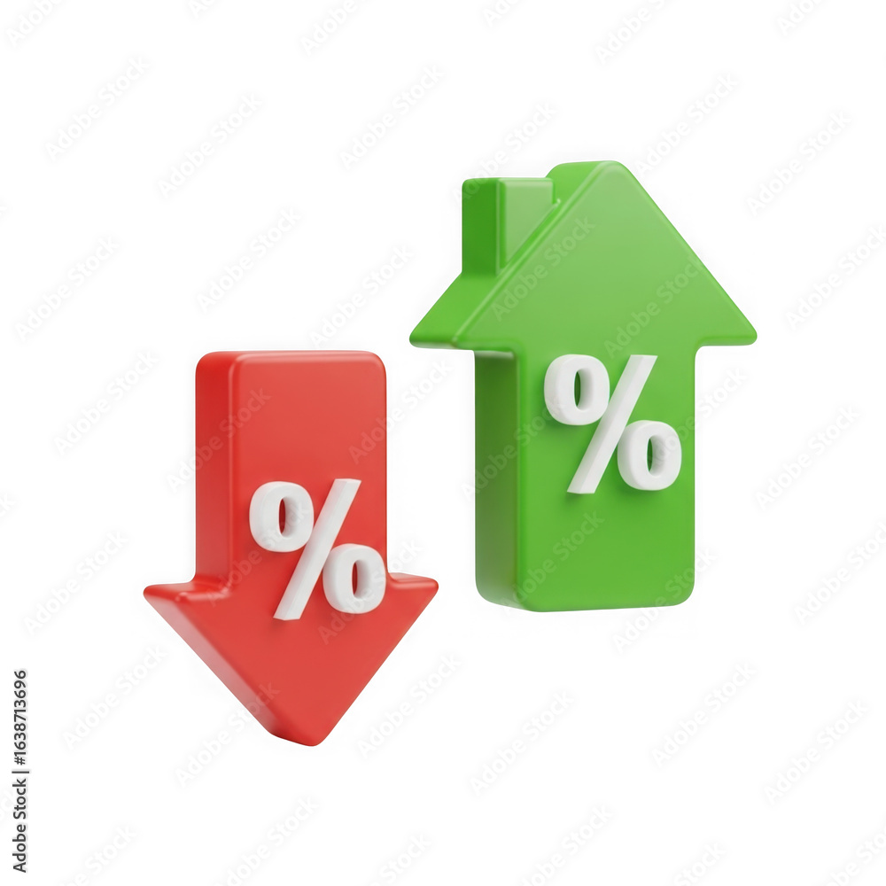 Poster red downward arrow with percentage sign and green upward arrow with percentage sign 3d rendering iso