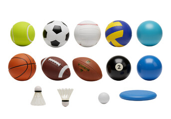 Collection of diverse sports balls and equipment, including tennis, soccer, baseball, volleyball, basketball, football, and badminton shuttlecocks, on a white background.