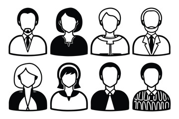Eight Black and White Silhouette Avatars of Men and Women in Business Attire people