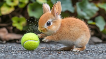 Cute Baby Rabbit Playing with a Green Tennis Ball on Ground