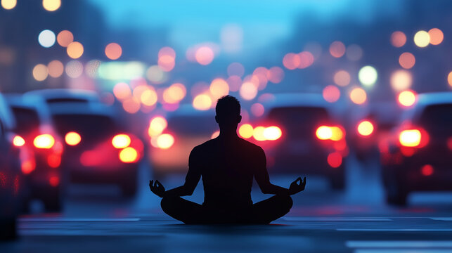 Silhouette of a man meditating in the lotus position in the middle of a traffic jam, surrounded by blurred car lights in warm and cool tones, representing mindfulness and calm in the midst of urban ch