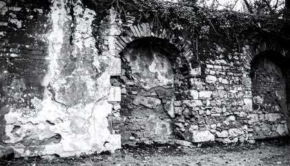 Fototapeta premium Weathered stone wall with arches and decay.