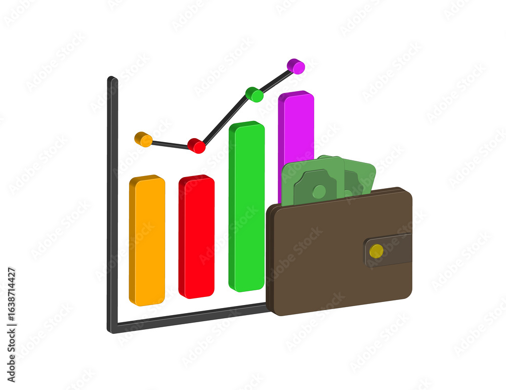 Poster simple 3d illustration of a dotted bar chart icon with a wallet. transparent background in png forma