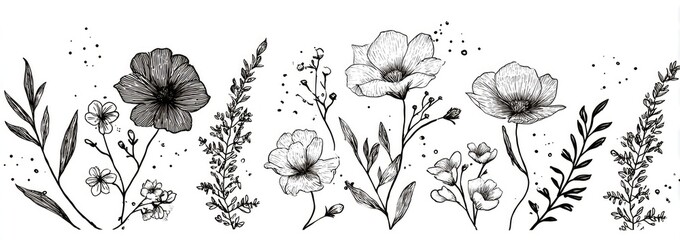 Black and white line drawing of various flowers and foliage.  Delicate botanical illustrations arranged in a horizontal format.  Detailed floral elements with varying styles
