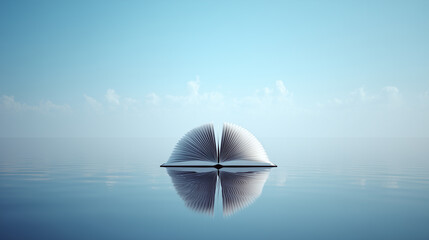 Open book floating on calm water under a clear blue sky, symbolizing peace, knowledge, and imagination.