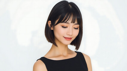young woman with short black hair and natural makeup, wearing a black sleeveless top, eyes closed, soft lighting, minimal and clean background.
