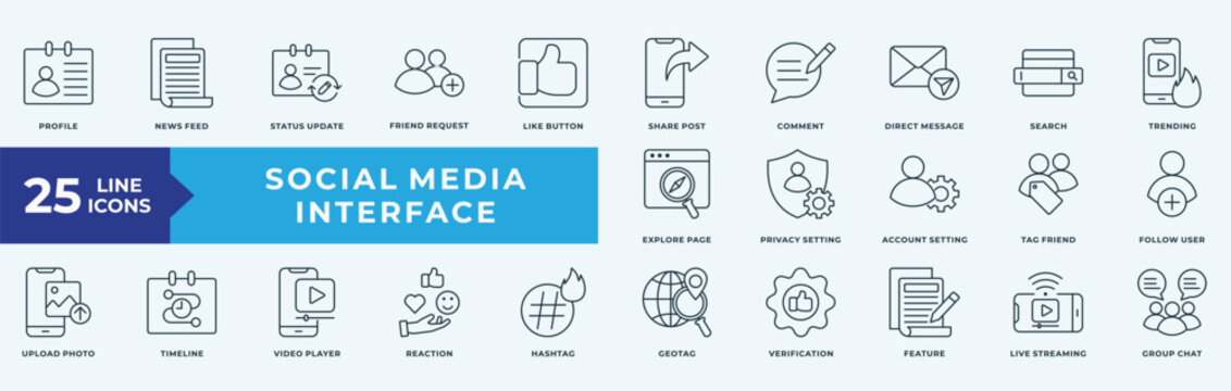 Social Media Interface icon collection set with profile, news feed, status update, friend request, like button