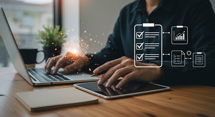 Productivity and Task Management in Digital Workspace: Professional Using Laptop and Tablet with Floating Checklist, Graph, and Document Icons for Workflow Efficiency