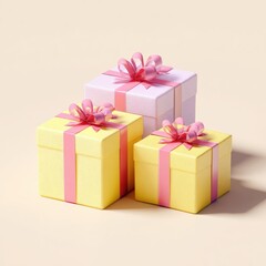 Obraz premium Three pastel-colored gift boxes, stacked, with pink ribbons
