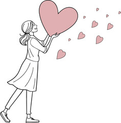 Woman holding a big heart and releasing small hearts isolated on a white background
