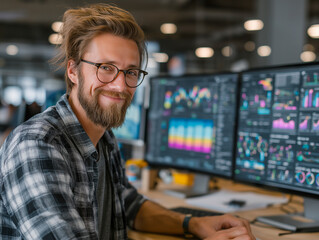 A photorealistic image of a professional social media manager smiling while analyzing a complex, colorful data chart on multiple monitors in a modern office. --style raw --s 250