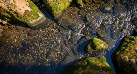 Moss-Covered Rocks and Pebbles in a Sunlit Forest Stream