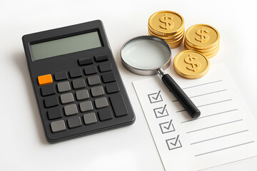 Analyze finances with calculator, magnifying glass, checklist and gold coins for financial planning and business success, modern and professional