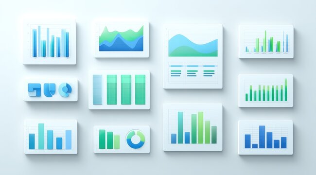 Multiple data visualizations, light blue and teal, on white background - Powered by Adobe