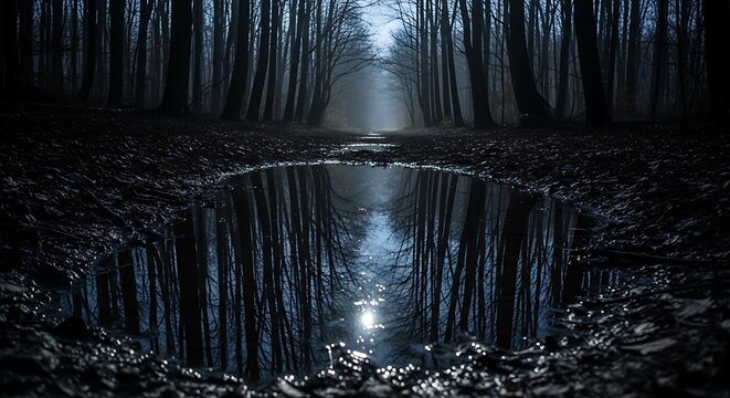 Mysterious forest's tranquil embrace under twilight's spell, a reflective moment in nature's quietude, preceding the grand spectacle of the 4th of July festivities
