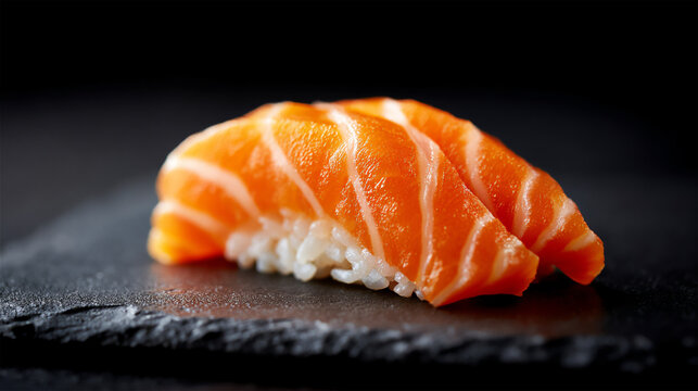 A single piece of salmon nigiri sushi, perfect texture wth black background