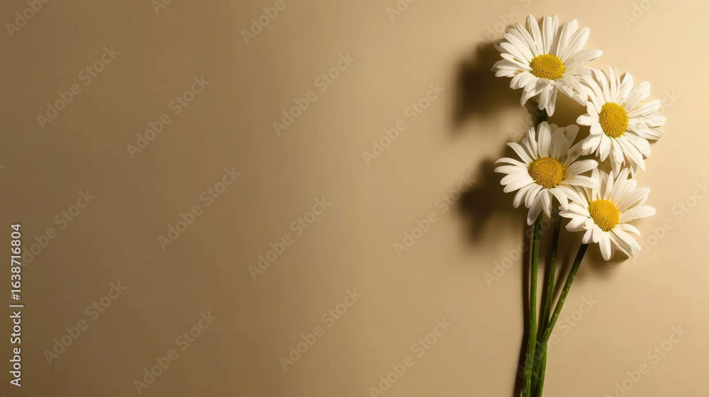 Poster fresh daisies arranged beautifully on neutral background create serene and uplifting atmosphere, per