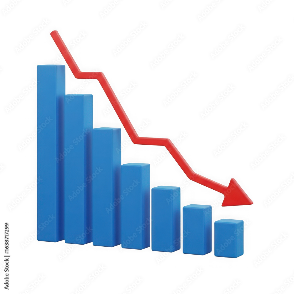 Poster 3d blue bar graph showing a downward trend with a red arrow indicating decline isolated on transpare