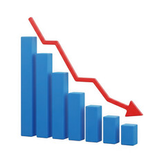3d blue bar graph showing a downward trend with a red arrow indicating decline isolated on transparent background