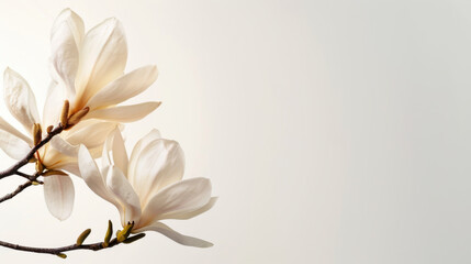 Obraz premium Elegant white magnolia flowers bloom gracefully on slender branch, showcasing their delicate petals against soft, neutral background. This serene composition evokes sense of tranquility and beauty