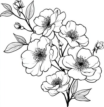 Delicate black and white floral bouquet.  A detailed line drawing of flowering branches with blossoms and leaves.  Soft, elegant lines create a sense of spring