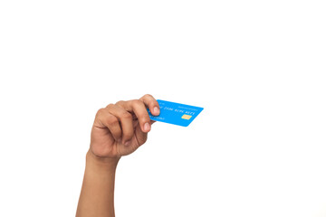 Hand holding a blue credit card against a clean white background, ready for online transactions