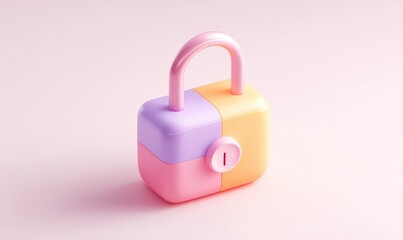 A pastel-colored padlock, 3D render, on a light pink background.  It's a simple, geometric shape, with a rounded body split into sections of lavender and orange-pink.  A small keyhole is visible