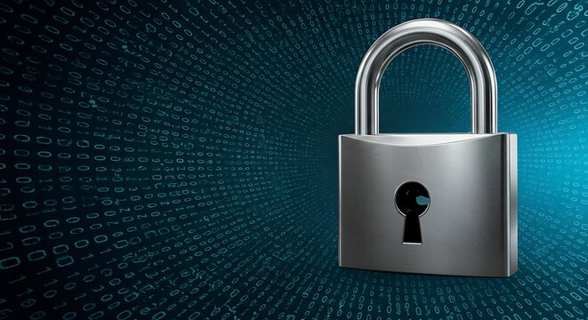 Silver padlock with keyhole on a blue background with binary code for data security concept