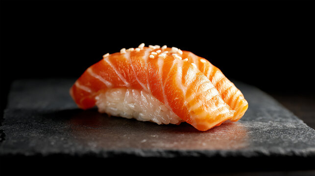 A single piece of salmon nigiri sushi, perfect texture wth black background