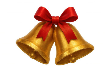 Shiny golden christmas bells with red ribbon bow isolated on transparent background, perfect for festive designs