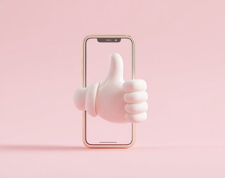 A stylized, cartoon-like white thumbs-up hand graphic, positioned in front of a golden-edged smartphone, set against a soft pink background