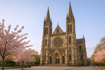 Majestic Cathedral Facade with Cherry Blossoms in Full Bloom on a Sunny Day