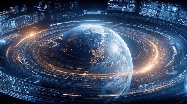 Futuristic Earth Visualization with Holographic Data Overlays, Global Technology and Connectivity Concept